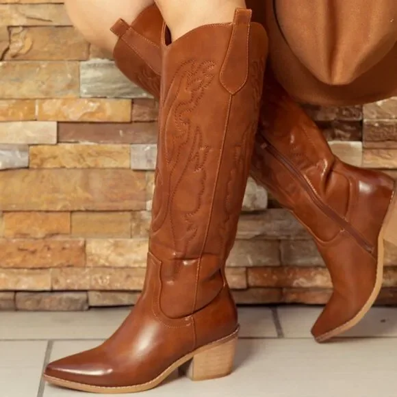 Brown Brush Western Boots Knee High High Quality Booties - Picture 2 of 2